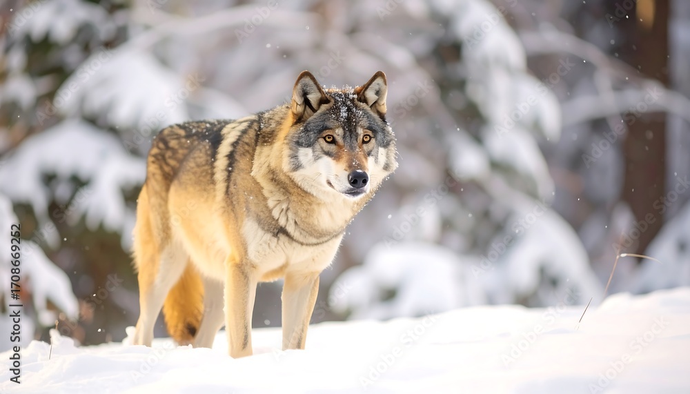 Naklejka premium Wolf stands alert in snowy forest landscape, with winter trees as backdrop
