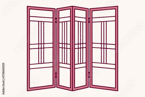 Outline Illustration of a Four- Panel Folding Screen in Pink and Purple room divider partition