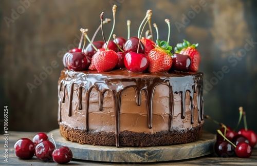 Delicious Chocolate Cake Topped With Cherries and Strawberries on a Wooden Su...