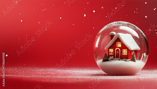 Charming Snow Globe With a Small Red House and Snowy Landscape on a Festive R...