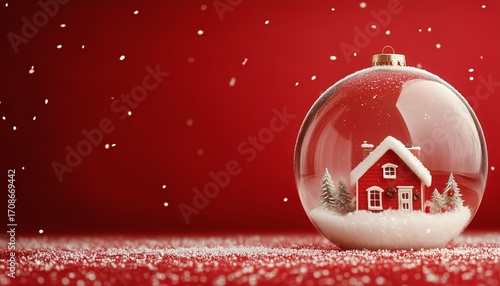 Charming Snow Globe With a Small Red House and Snowy Landscape on a Festive R...