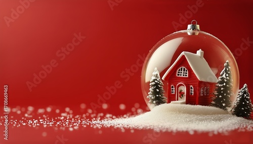 Winter Scene Inside a Snow Globe Featuring a Red House and Evergreen Trees on...
