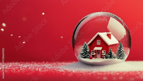 Winter Scene Inside a Snow Globe Featuring a Red House and Evergreen Trees on...