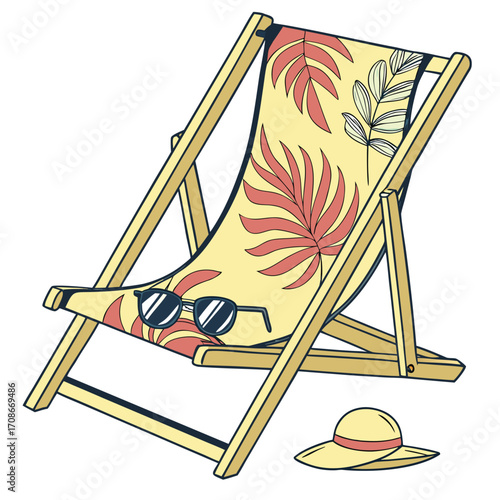 Deck Chair With Tropical Leaves And Sunglasses And Hat summer beach