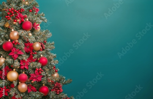Brightly Decorated Christmas Tree With Ornaments and Flowers in a Festive Set...