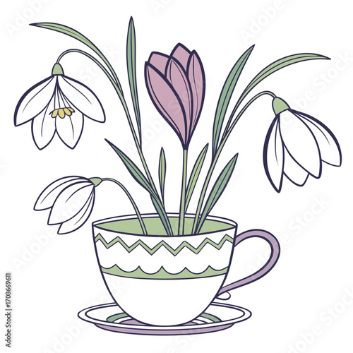 Delicate Spring Flowers in a Patterned Teacup and Saucer floral snowdrops
