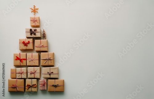 Creative Arrangement of Gift Boxes Forming a Christmas Tree Design for Festiv...