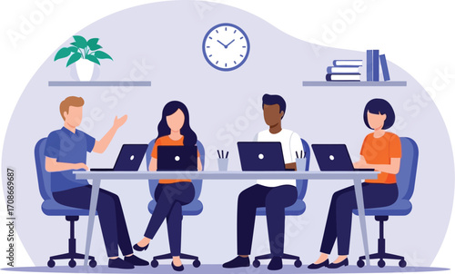 Diverse team collaborating and working together on laptops in a modern office meeting room