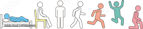 Diverse stick figures depict various human activities and states, from rest to energetic movement.