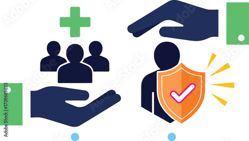 Hands offering protection and care to individuals, symbolizing health insurance and well-being.