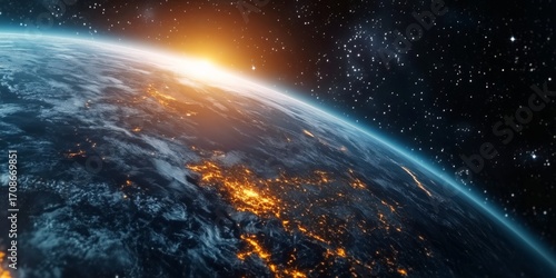 Sunrise Over Earth Captured From Space, Showcasing Vibrant Colors and City Li...
