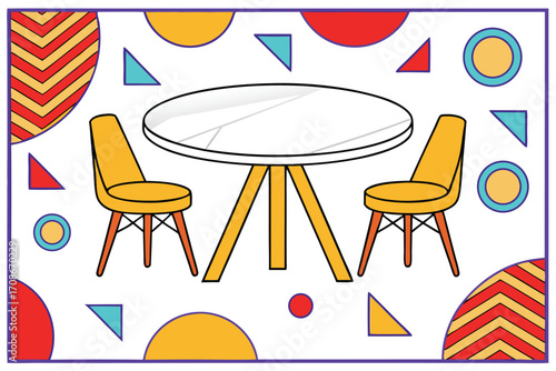 Round table and two chairs surrounded by abstract shapes and patterns furniture dining