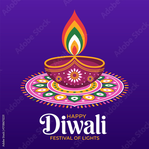Happy Diwali festival of lights, diya on rangoli, sparkling glow, cultural celebration banner, traditional holiday poster, vector illustration