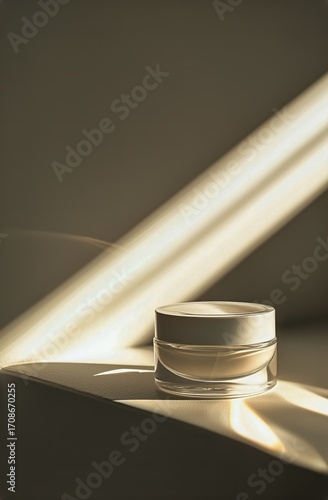 Natural Light Shines on a Skincare Cream Jar on a Minimalist Surface