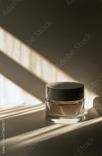 Natural Light Shines on a Skincare Cream Jar on a Minimalist Surface.