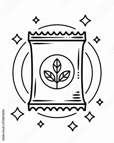 Seed Packet Illustration with Plant Icon and Decorative Elements Black and White Line Art Style