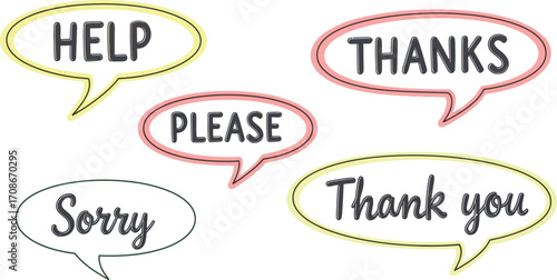 Collection of polite words and phrases in speech bubbles for communication