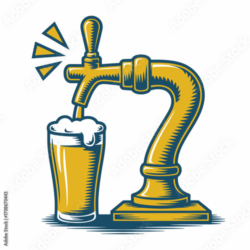 Retro Style Beer Tap Pouring a Refreshing Pint with Foamy Head in Golden Yellow and Blue Illustration