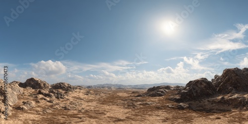 Stunning hdr panoramic view of an exported rocky desert under clear sky capturing breathtaking natural landscape