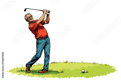 Senior man enjoying golf swing on green grass with golf ball on transparent background