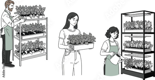 Diverse people tending to lush plants in a modern vertical farm, promoting sustainable urban agriculture.