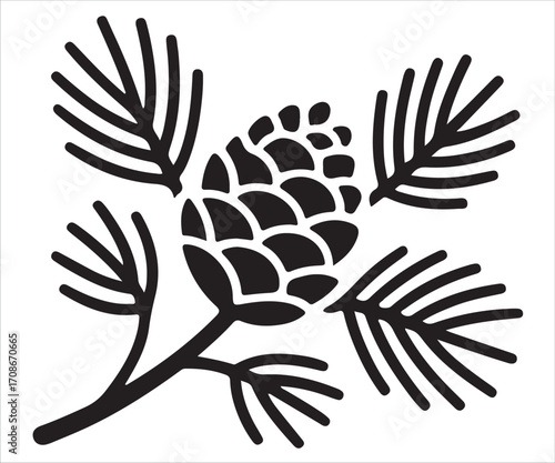 Pine cone with needles black silhouette vector illustration isolated on white