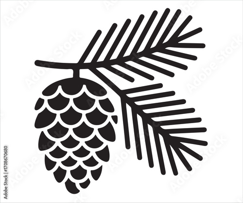 Black silhouette of pine cone with branch and needles isolated on white background, simple vector illustration for forest, nature, Christmas, holiday, winter decoration, botanical, and eco design use