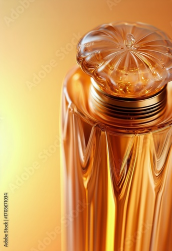 Elegant Glass Bottle With Golden Cap Against a Warm Background.
