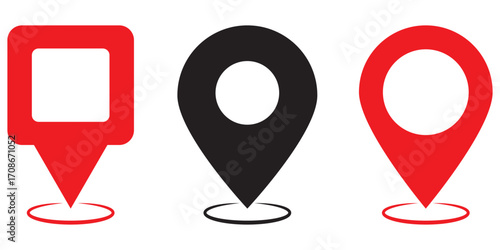 Map pin icon .Map maker. Adress pin. Flat icon set of location and map pins. Black red blue location map pin design. EPS 10