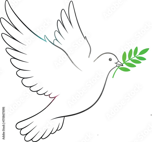Symbol of peace, a white dove flies with a green olive branch in its beak, representing hope and tranquility.