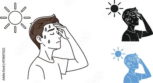 Man feeling overheated and sweating profusely under a strong sun.