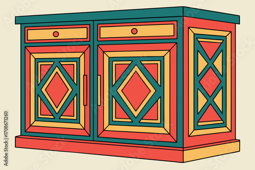 Stylized cabinet with geometric patterns in red, yellow, and teal furniture storage