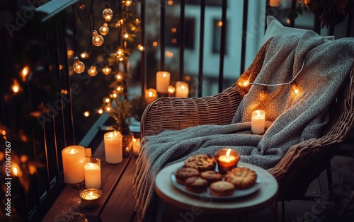 Cozy Evening on a Balcony With Soft Lighting and Sweet Treats.