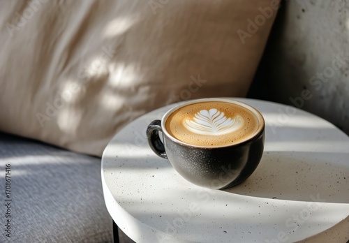 Cozy Morning Ambiance With Latte Art on Bedside Table Beside Soft Pillows and...