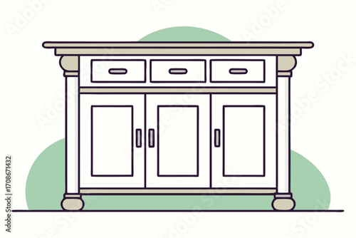Stylized Line Art of a Three- Door Cabinet with Decorative Pillars dresser sideboard