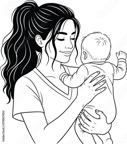 Loving mother cradles her infant baby with tenderness and care