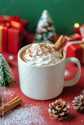 Warm Festive Drink Topped With Whipped Cream and Cinnamon in a Cozy Holiday S...