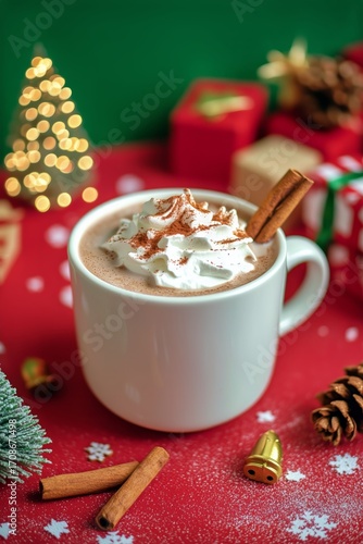 Warm Cup of Hot Chocolate With Whipped Cream and Cinnamon on Festive Red Back...