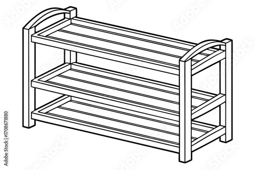 Three Tier Wooden Shoe Rack Line Drawing Keywords: shoe rack, shelf, shelves, storage, wooden, wood
