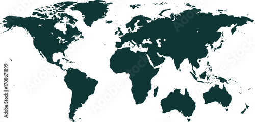 A world map showing continents in teal on white ground