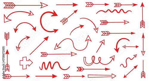​A collection of various hand-drawn red arrow graphics used to signify direction or highlight information in designs