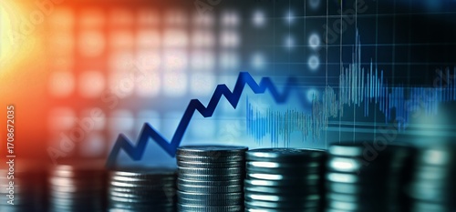 Coins Stacked Beside a Financial Chart Displaying Market Trends and Fluctuati...