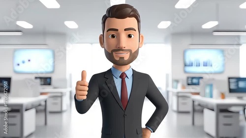 Confident businessman giving a thumbs up in a modern office environment, signifying success and approval.