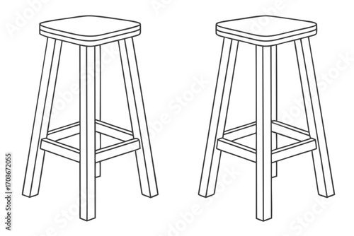 Two identical outline drawings of tall wooden bar stools with square seats furniture seating