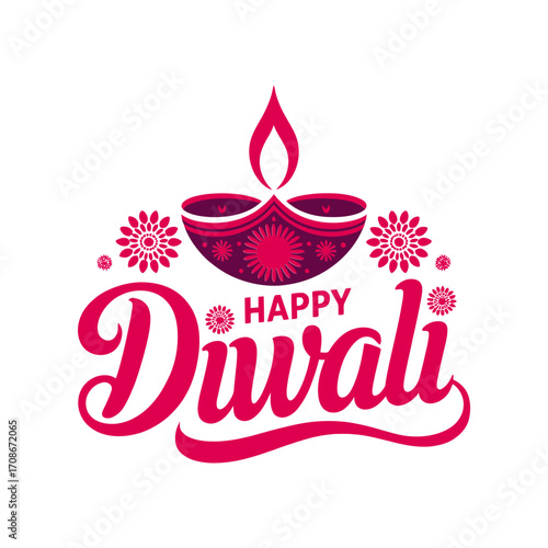 Happy Diwali emblem, red diya with floral accents, fireworks sparkle, joyful festival greeting, decorative poster design, vector illustration