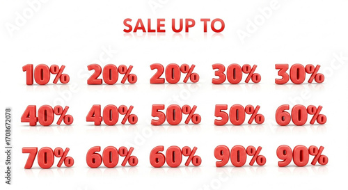 Graphic assets featuring shiny red numbers to announce discounts from 10% to 90%.
