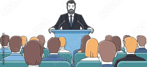 Speaker addressing an attentive audience from a podium in a bright room