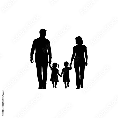 Loving parents walking hand-in-hand with their two children creating cherished family memories
