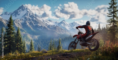 Motorcycle Rider Exploring Forested Mountain Trails in a Scenic Landscape.