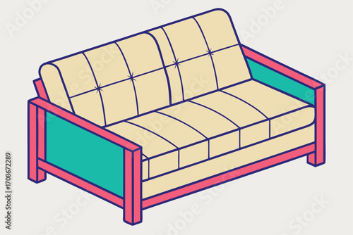 Two Seater Sofa With Tufted Cushions In Isometric View couch furniture
